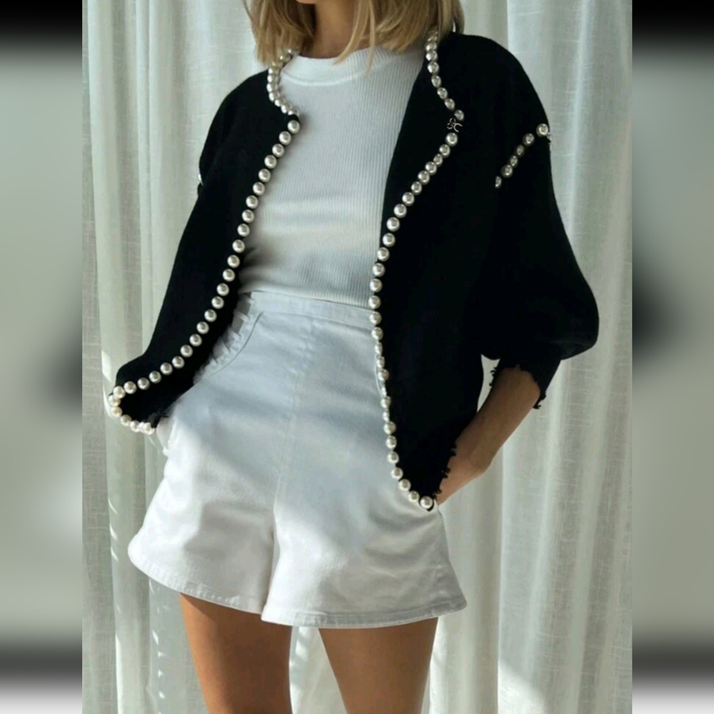 Solid Color Cardigan, Pearl Trim Distressed Hem, Long Sleeve, Elegant Knit Sweat - Picture 3 of 7